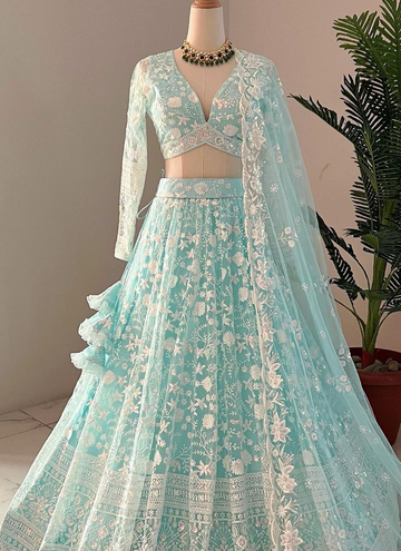 Designer Thread Embroidered Work Sky Blue Net Lehenga Choli Set